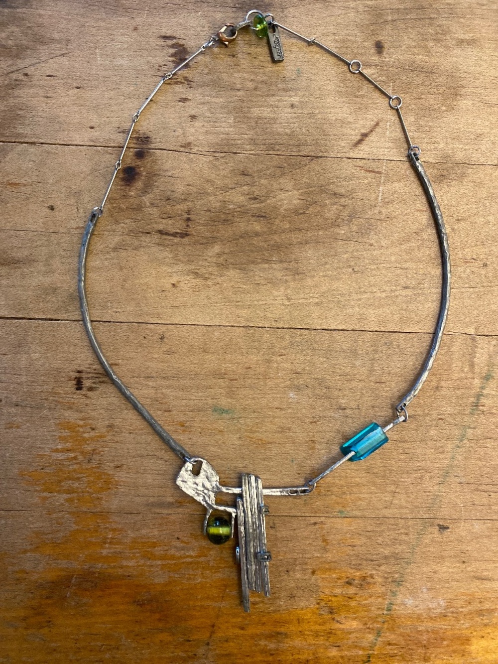 Anne-Marie Chagnon Modernist Pewter Pendant Necklace Green Teal Glass Accents